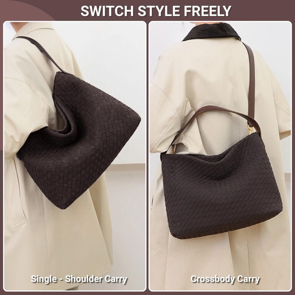 4235 Woven Suede Hobo Bag Trendy Slouchy Shoulder Tote Purse with Leather - Picture 4 of 7